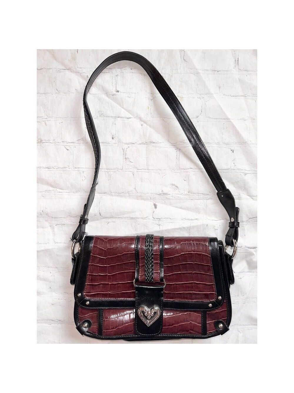 Retro Style Faux Crocodile Skin Brown/Black With Silver Metal Multi Pocket Purse